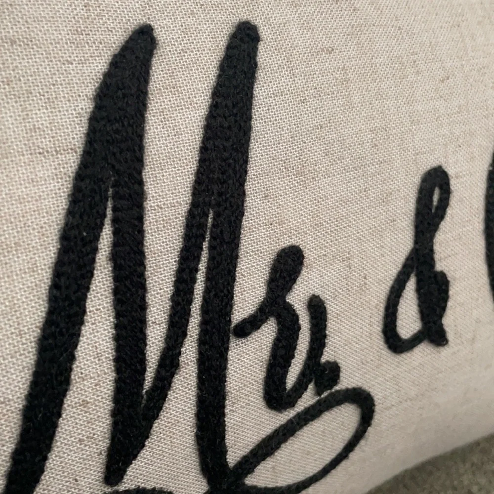 “Mr & Mrs.” Embroidered Script Long Rectangle Black & Oatmeal Anthropology